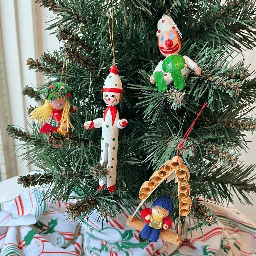 Vintage Wooden & Felt Christmas Ornaments Set of 4 Clowns, Girl, Swing Boy